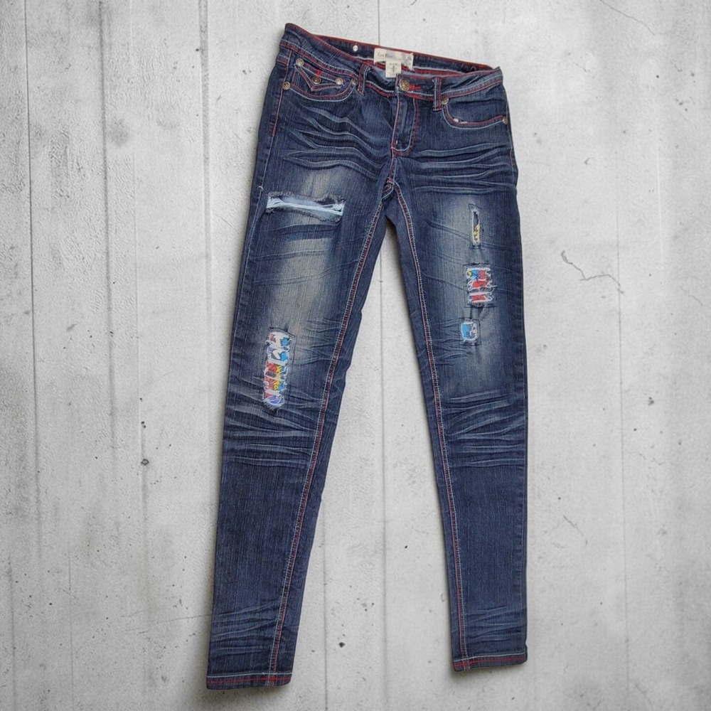 Raw Blue Womens Distressed Skinny Jeans Dark Wash Red Stitch Graffiti Patch 5/6